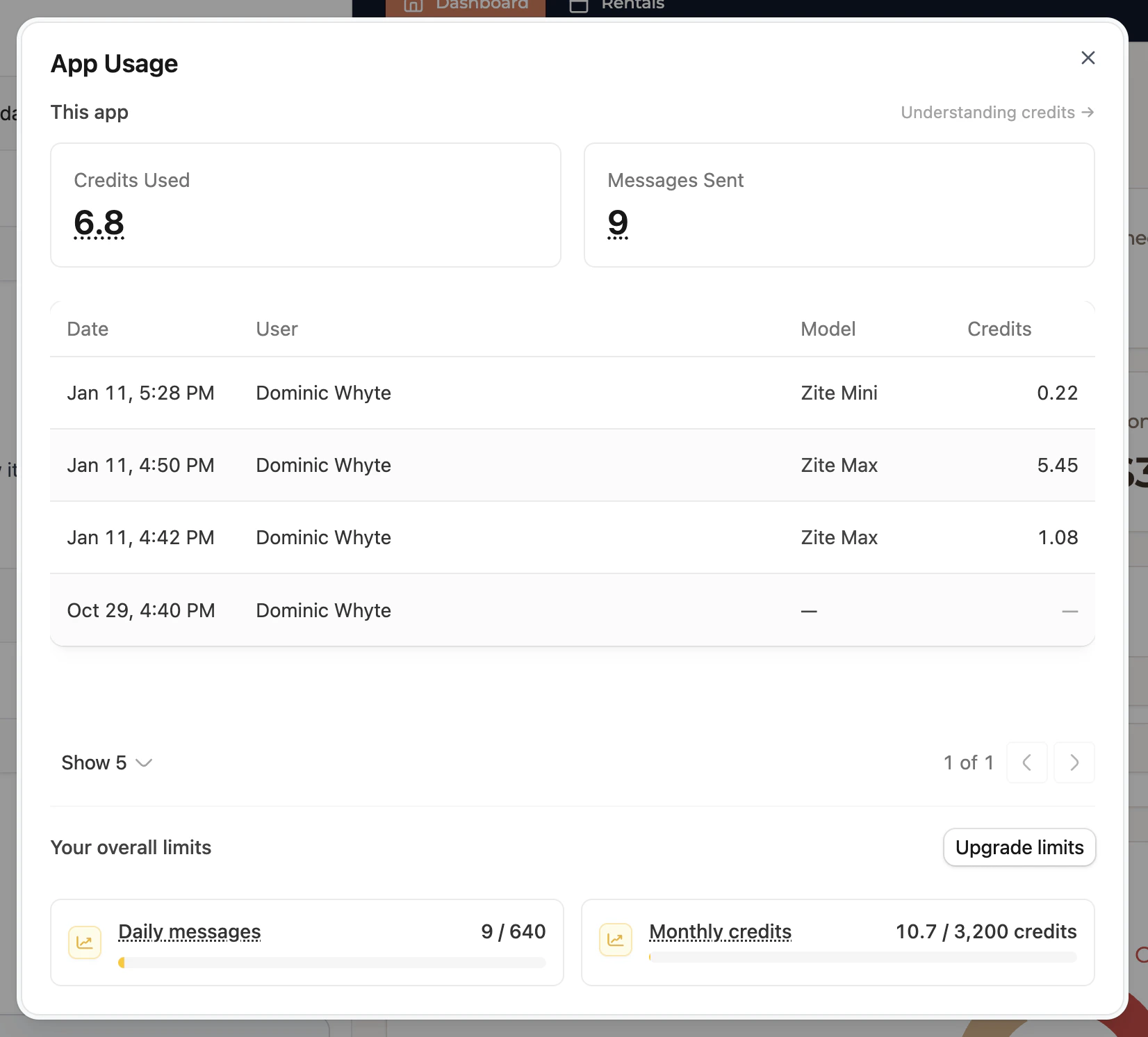 App Usage modal showing total credits, messages sent, and usage history
