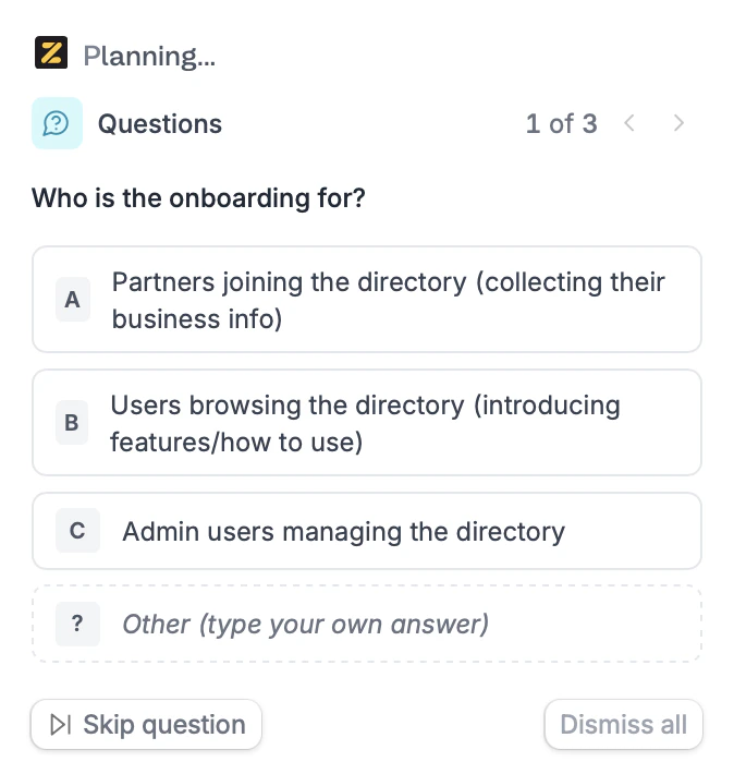 Zite asking clarifying multiple-choice questions in Plan mode