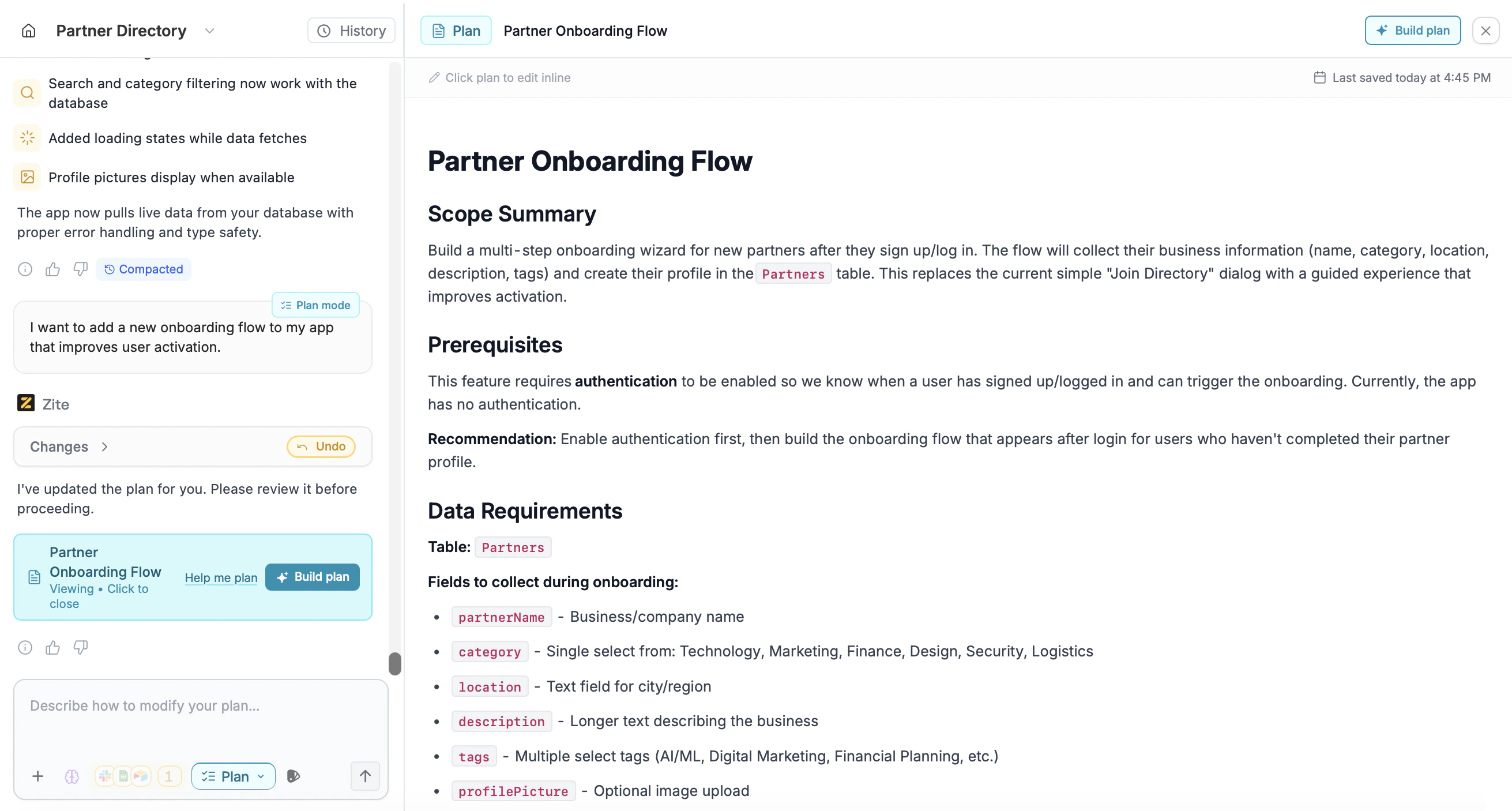 Plan mode showing a plan document with scope and details