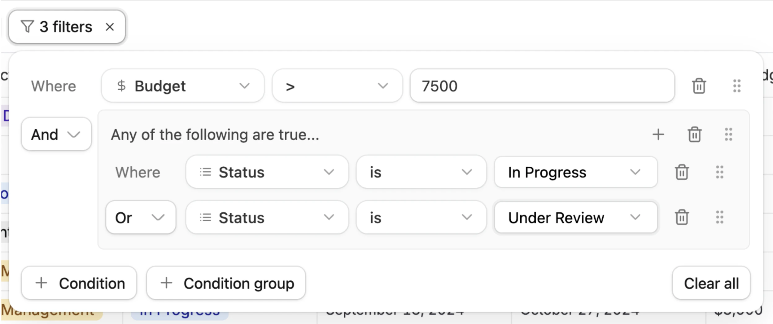 Database view showing filter panel with multiple conditions