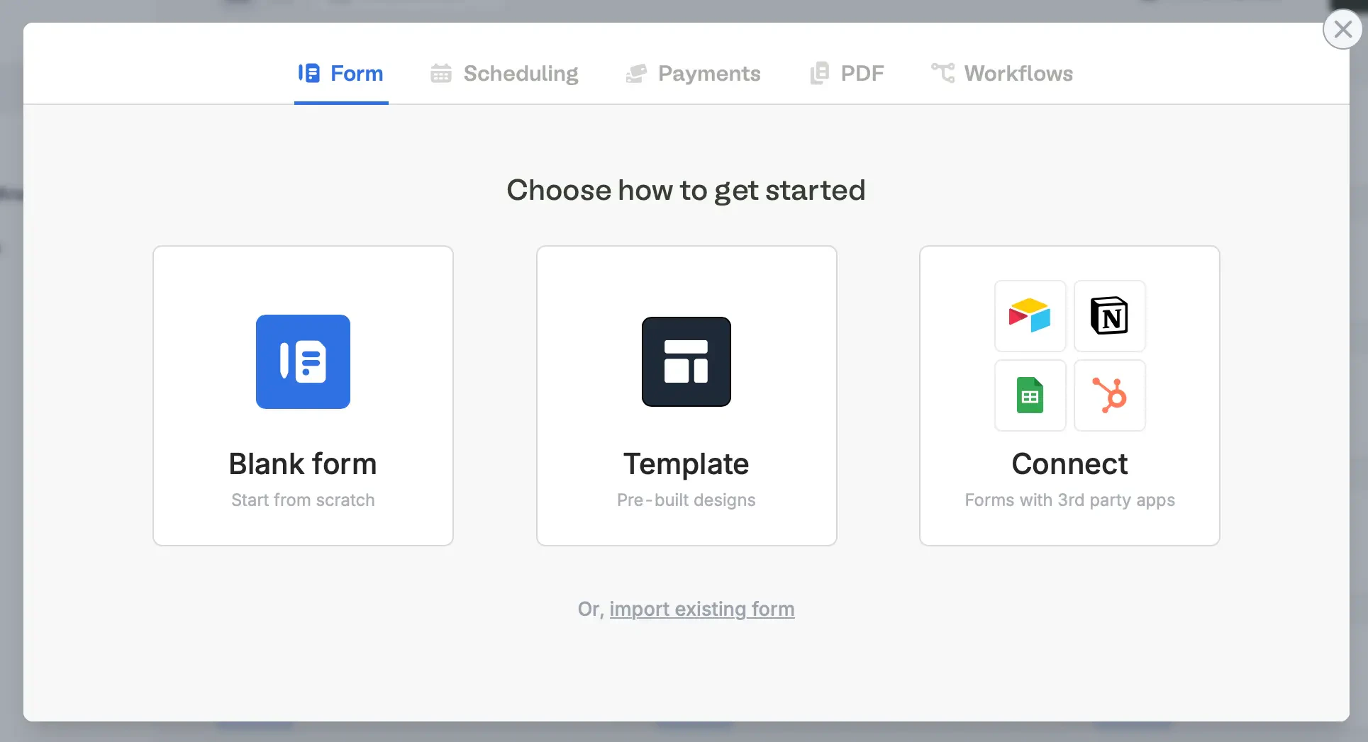 Screenshot of the Fillout form creation page
