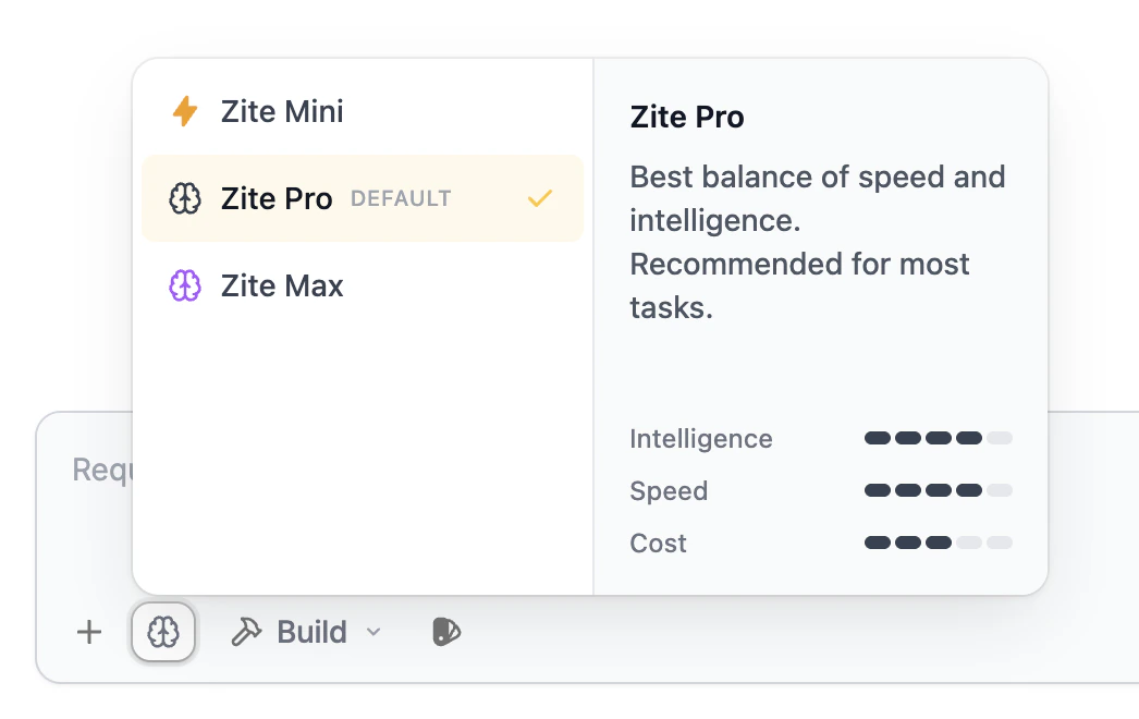 Model selector dropdown showing Zite Mini, Zite Pro, and Zite Max options