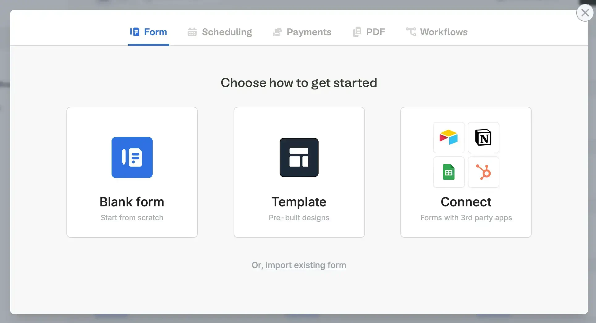 Screenshot of the Google Sheets form creation page