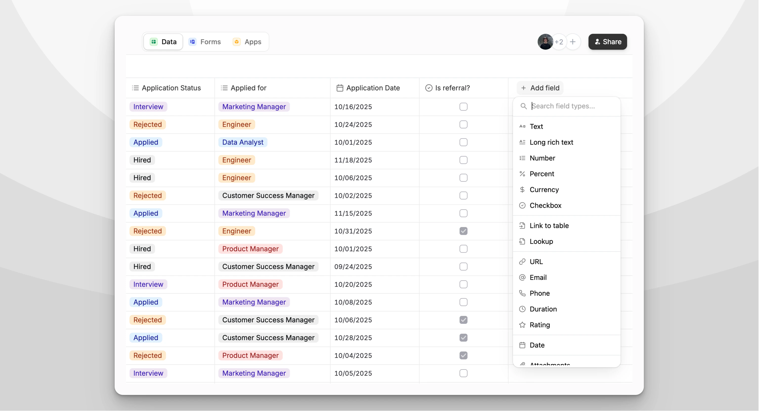 Database view showing applicant data with various fields