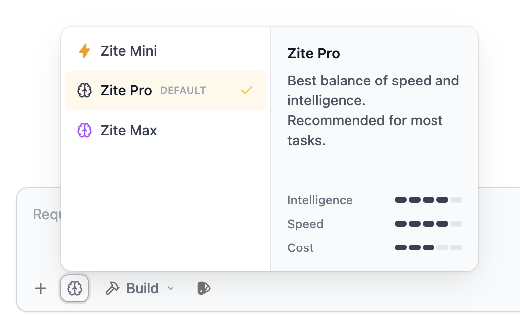 Model selector dropdown showing Zite Mini, Zite Pro, and Zite Max options