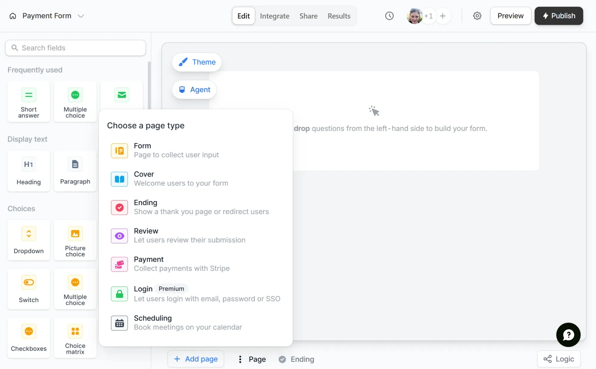 Choose a page type menu in the form editor with the Payment option