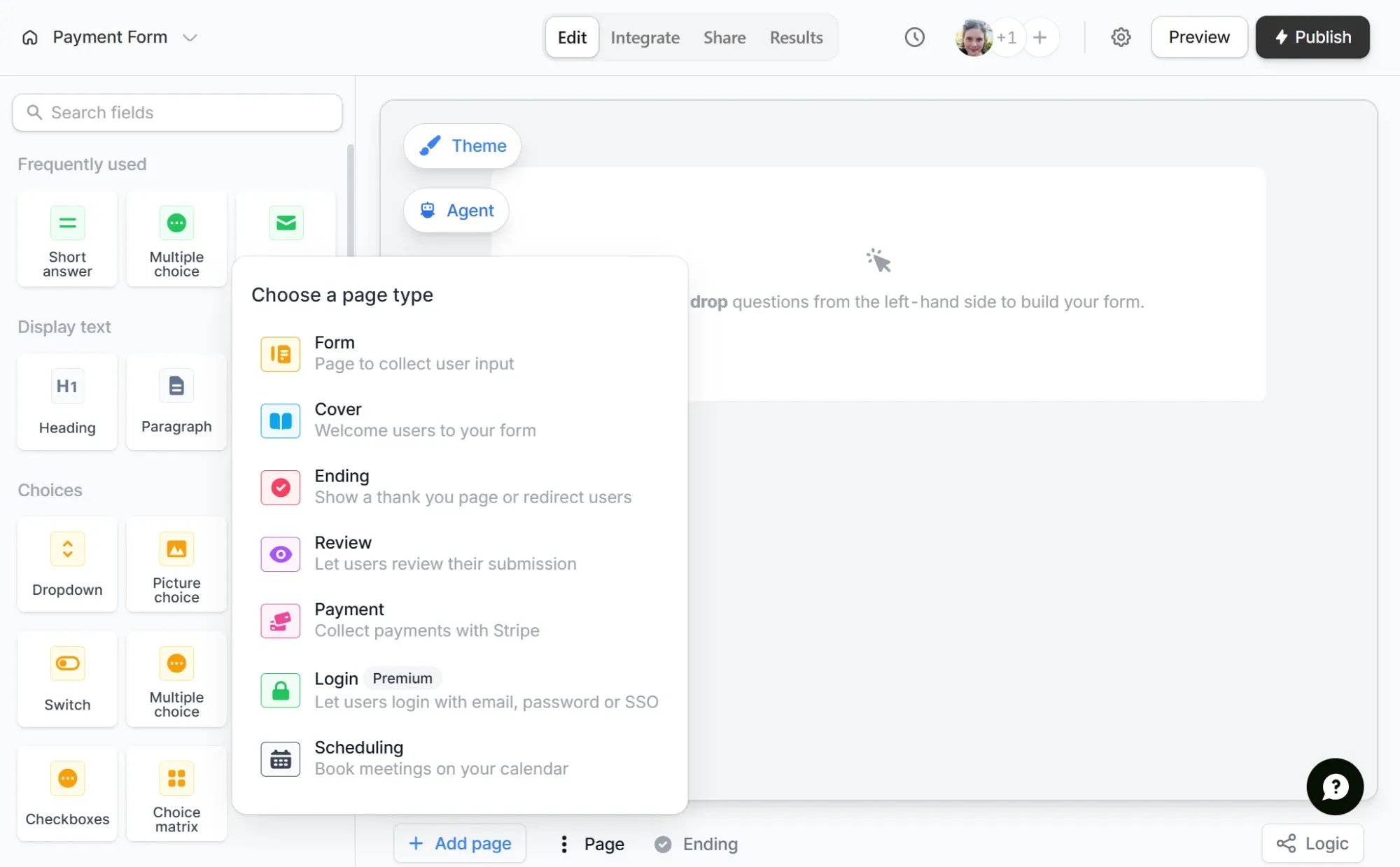 Choose a page type menu in the form editor with the Payment option