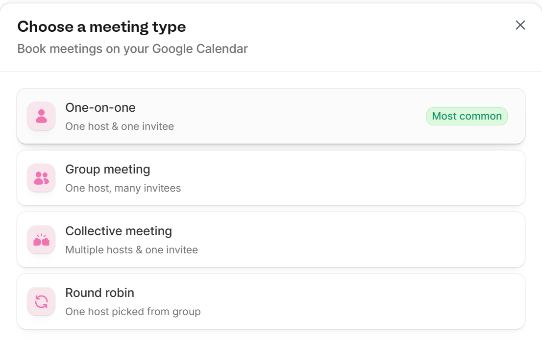 Choose a meeting type dialog with One-on-one, Group meeting, Collective meeting, and Round robin