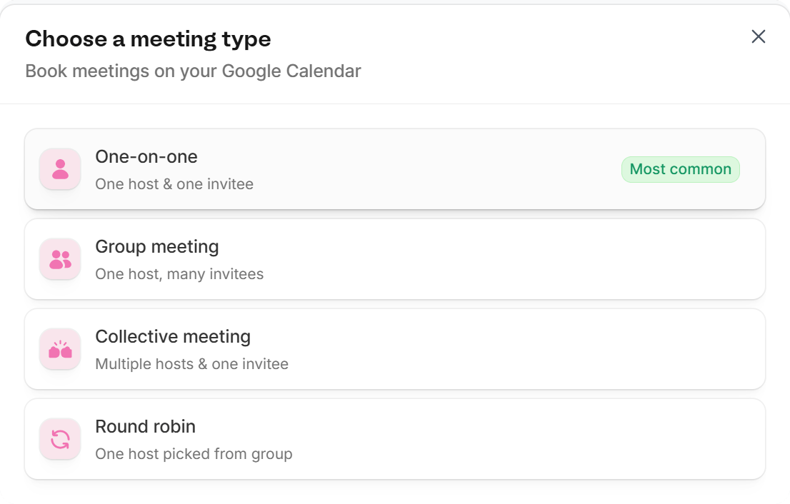 Choose a meeting type dialog with One-on-one, Group meeting, Collective meeting, and Round robin