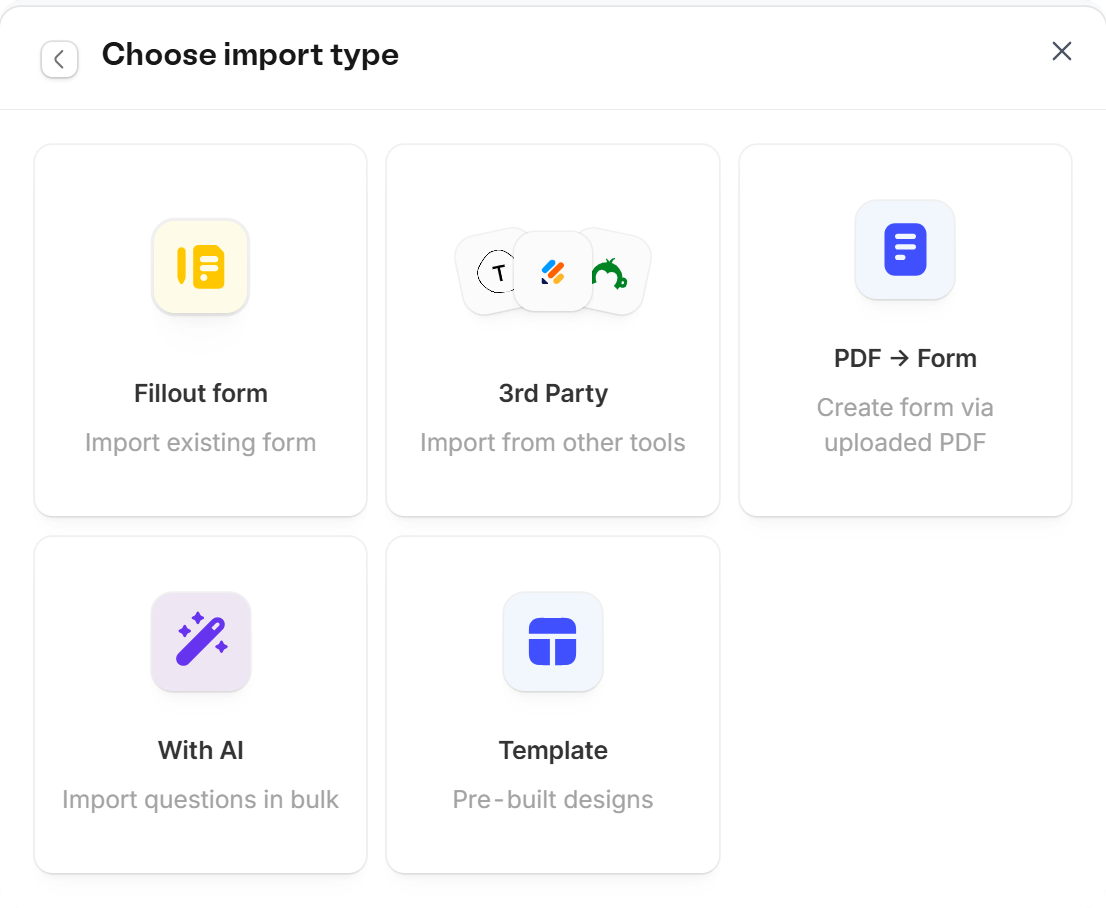 Choose import type dialog with Fillout form, 3rd Party, PDF to Form, With AI, and Template