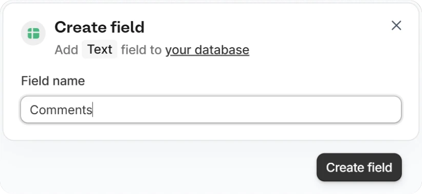 Create field dialog with a Field name box and the Create field button
