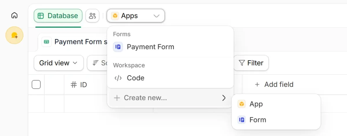 Apps dropdown in a database with Create new and Form selected