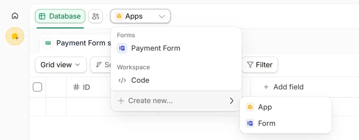 Apps dropdown in a database with Create new and Form selected Apps dropdown in a database with Create new and Form selected