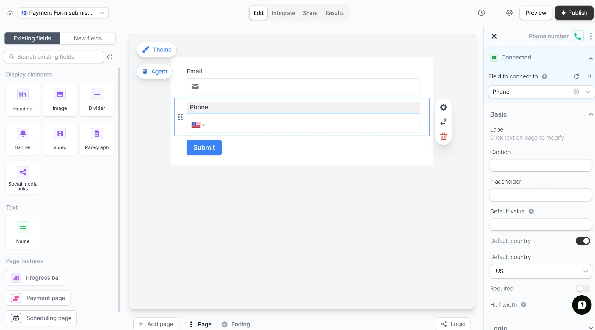 Form editor for a database form with the Existing fields tab and a connected Phone field