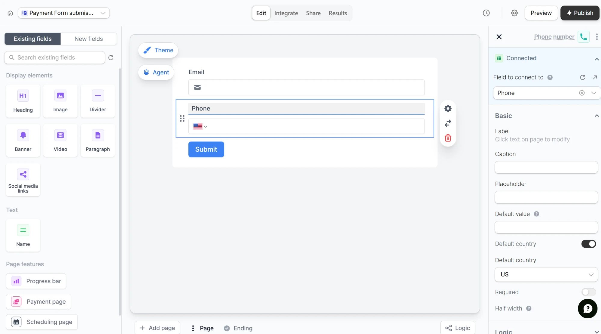Form editor for a database form with the Existing fields tab and a connected Phone field