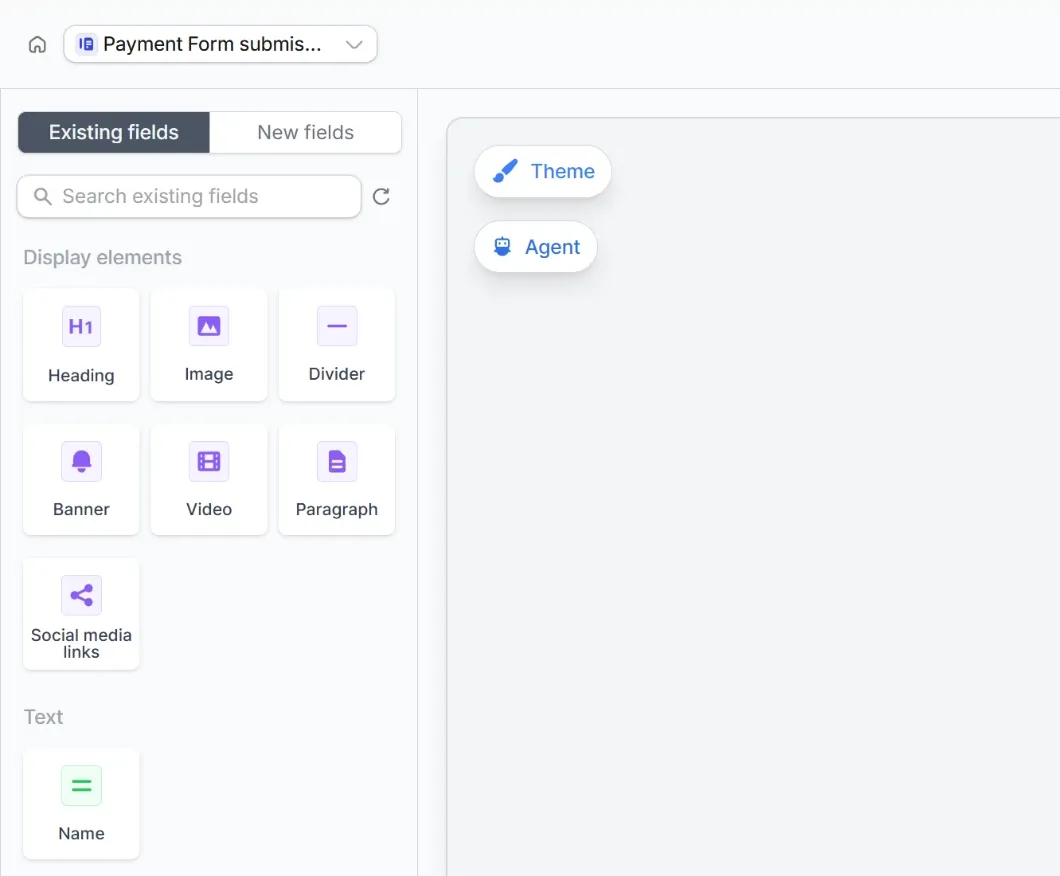Existing fields tab in the form editor showing a removed Name field
