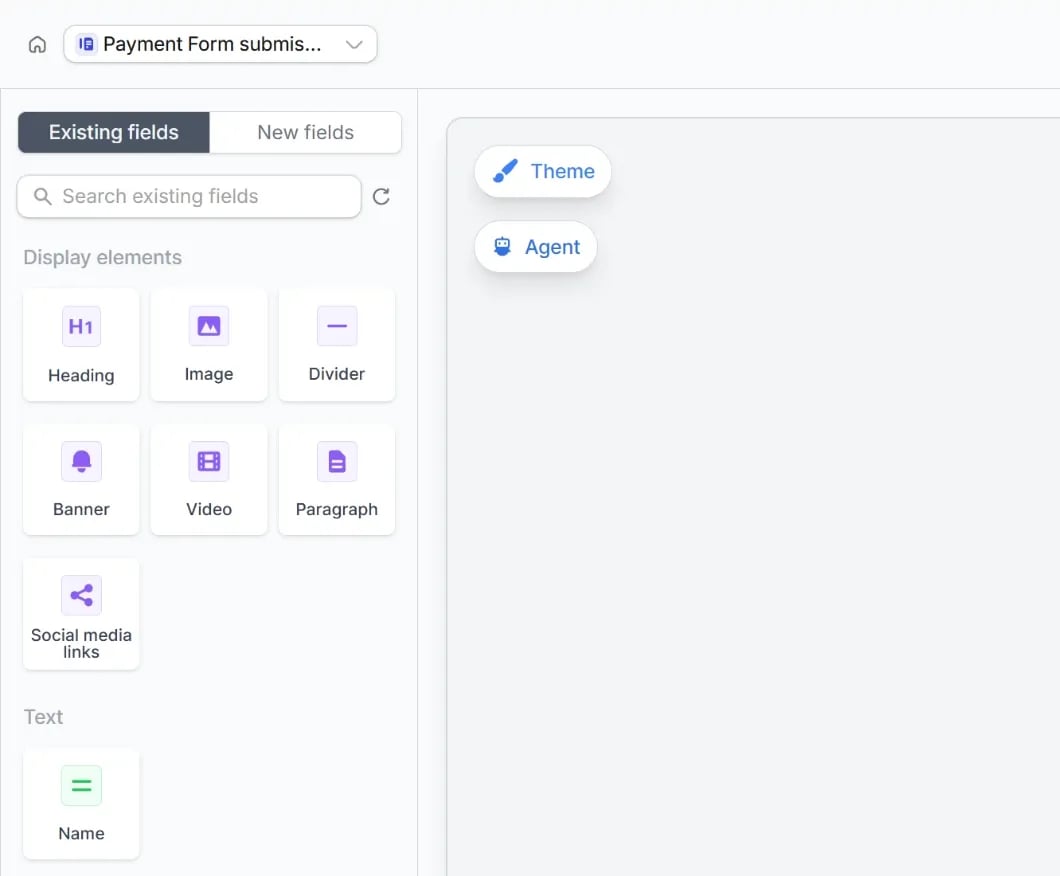 Existing fields tab in the form editor showing a removed Name field Existing fields tab in the form editor showing a removed Name field