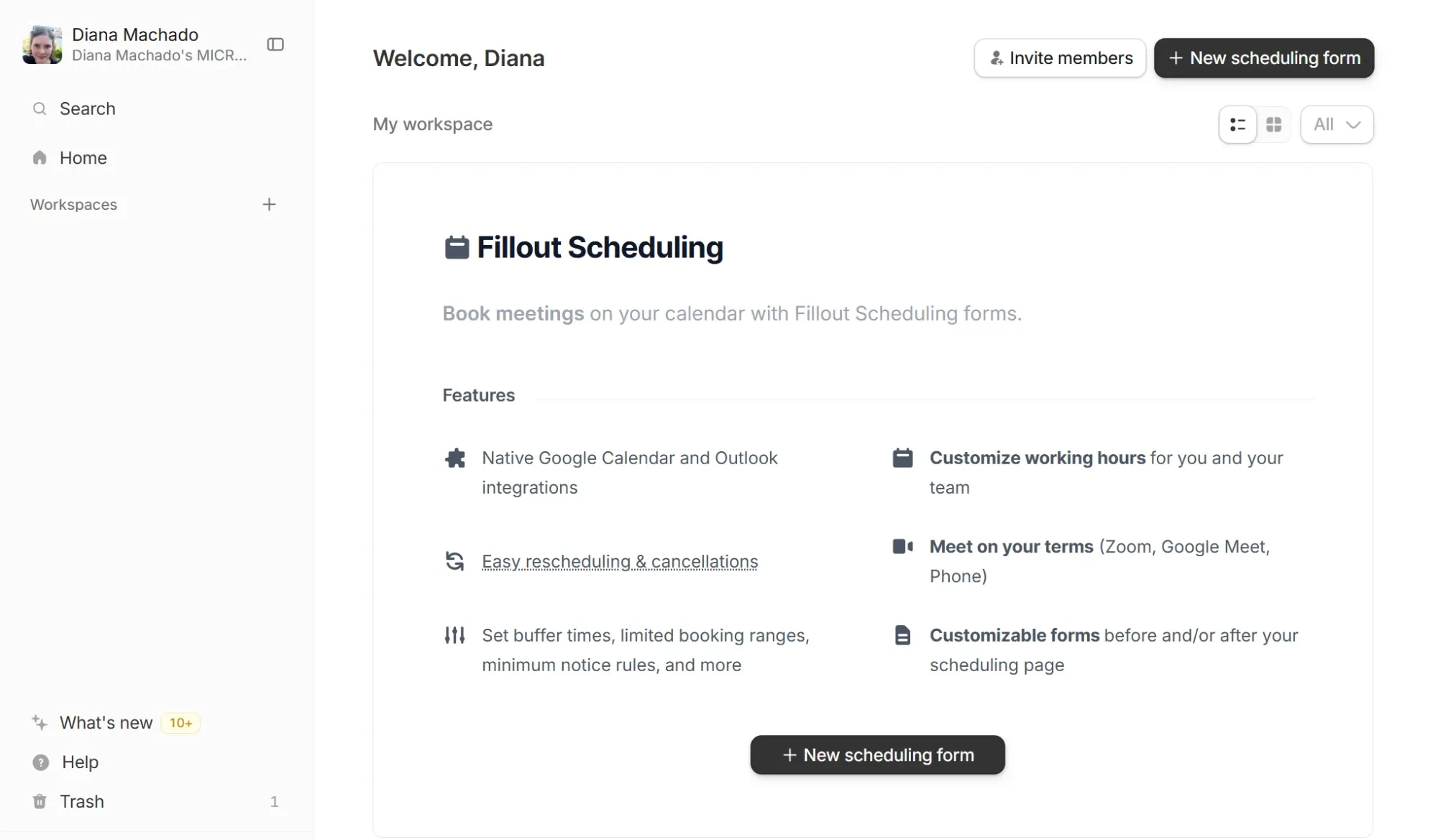 Fillout Scheduling page with the New scheduling form button