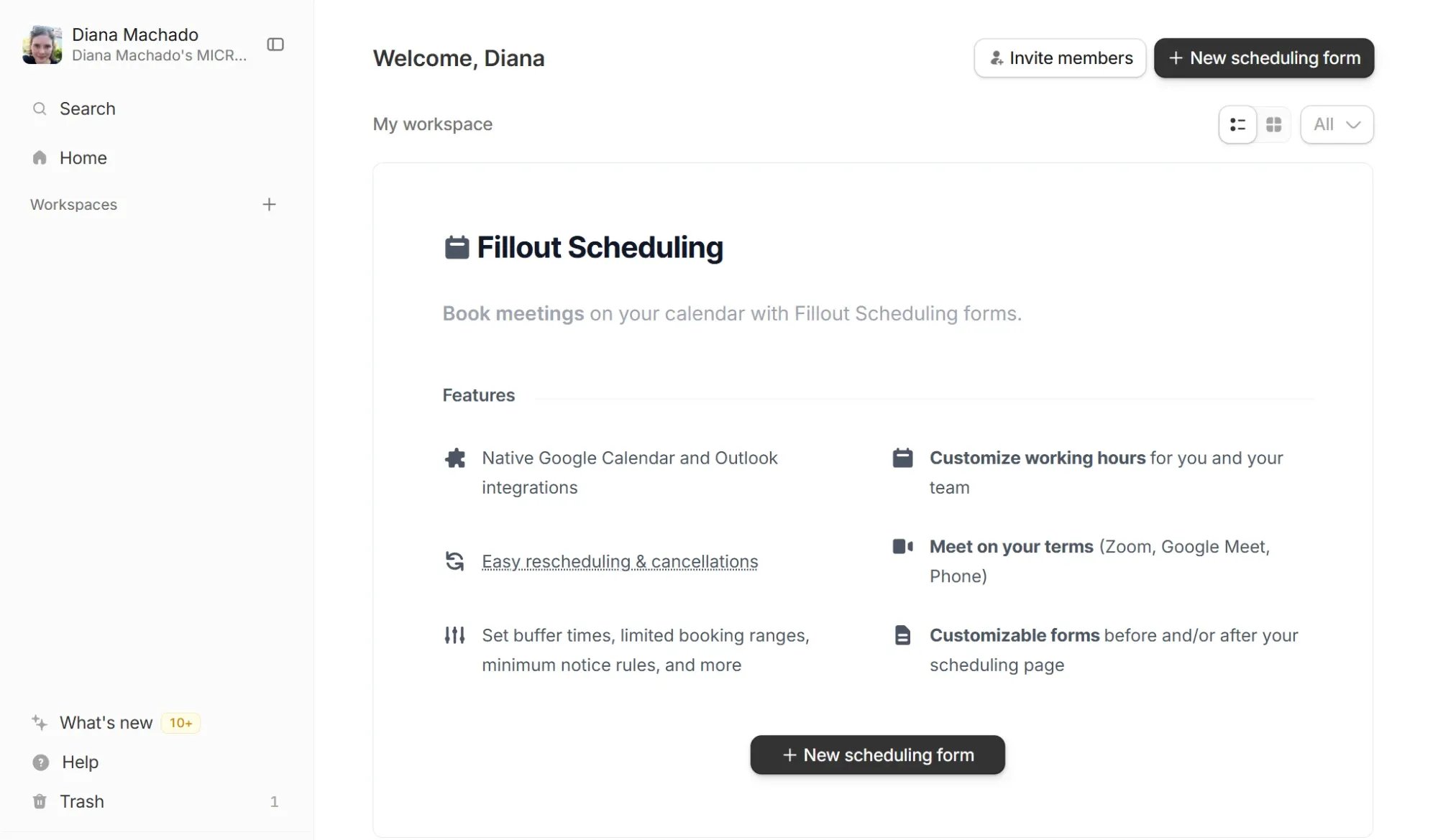 Fillout Scheduling page with the New scheduling form button