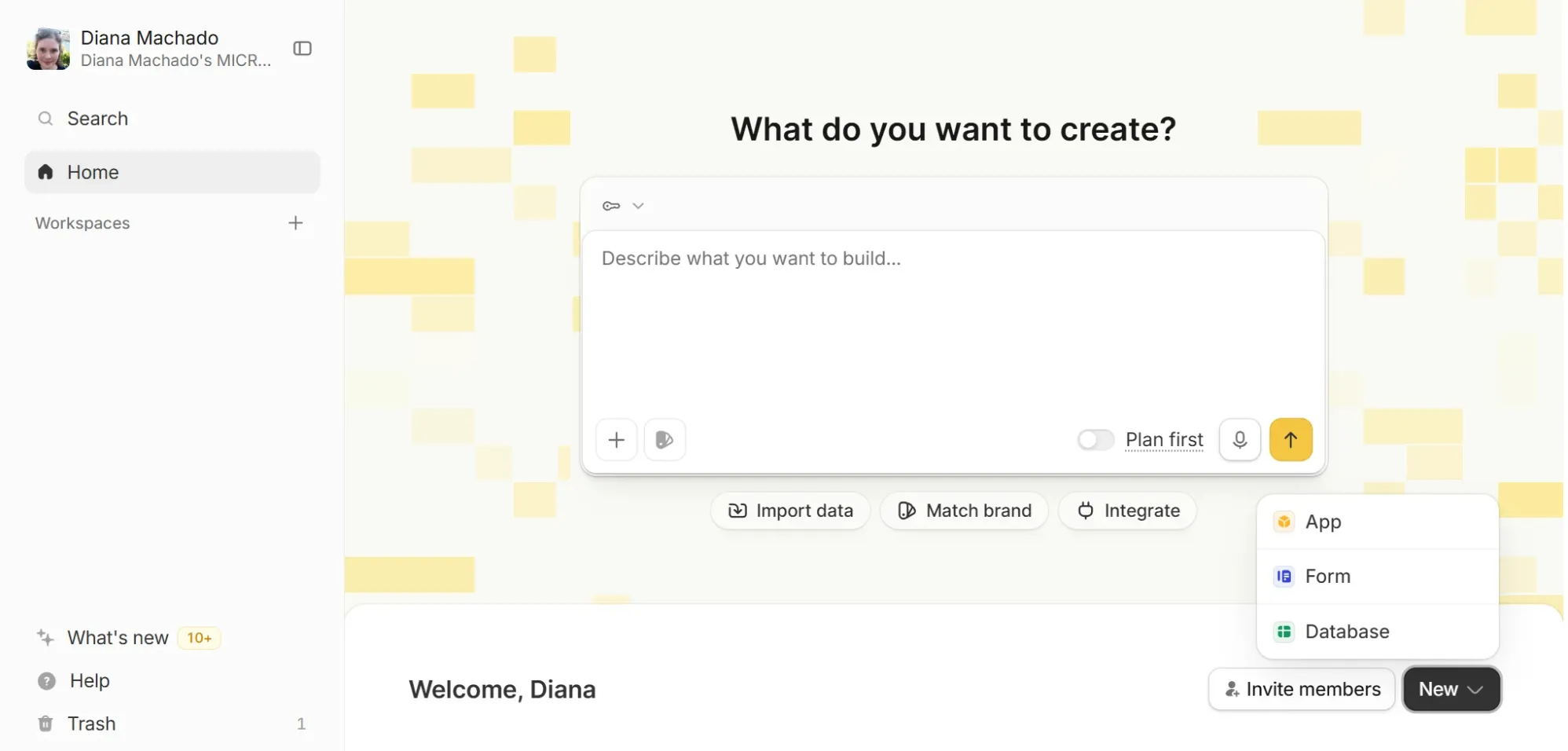 Home page with the New menu open, showing App, Form, and Database
