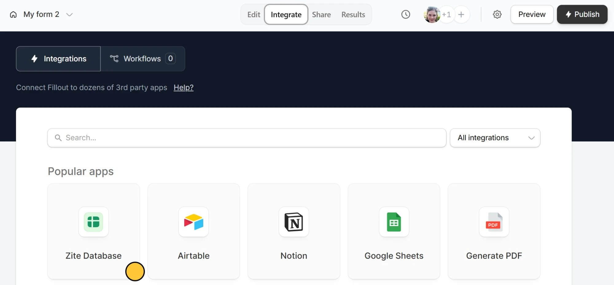 Integrate tab with the Zite Database tile highlighted