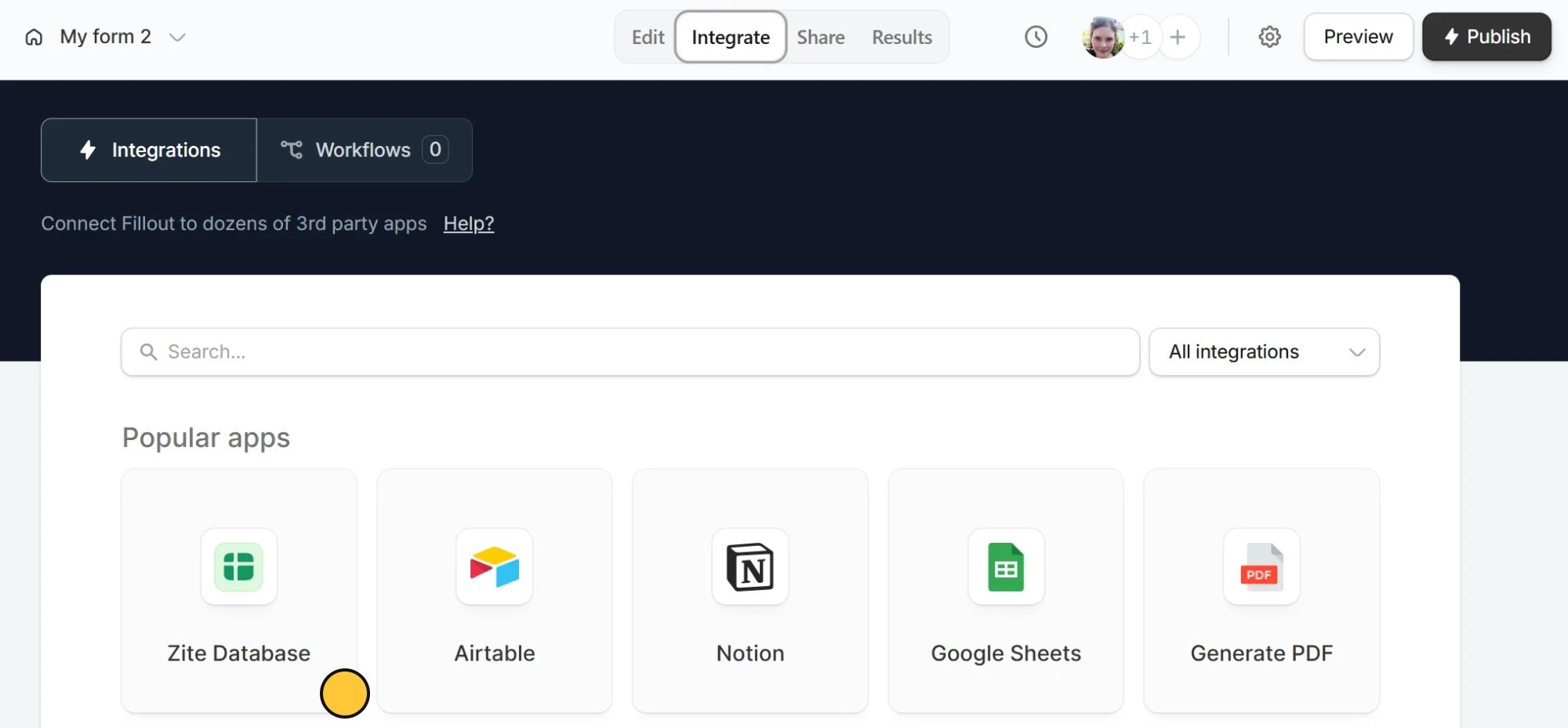 Integrate tab with the Zite Database tile highlighted