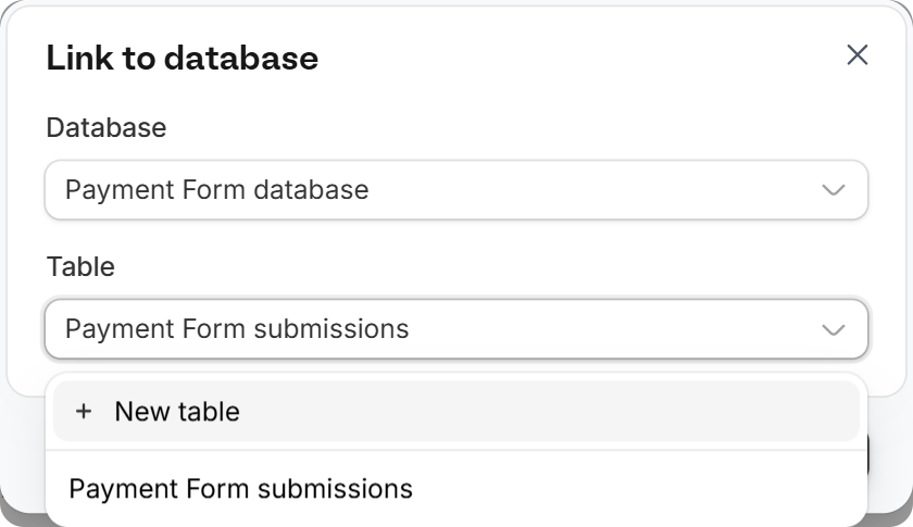 Link to database dialog with Database and Table dropdowns and the New table option