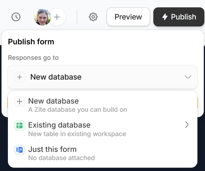 Responses go to dropdown showing New database, Existing database, and Just this form