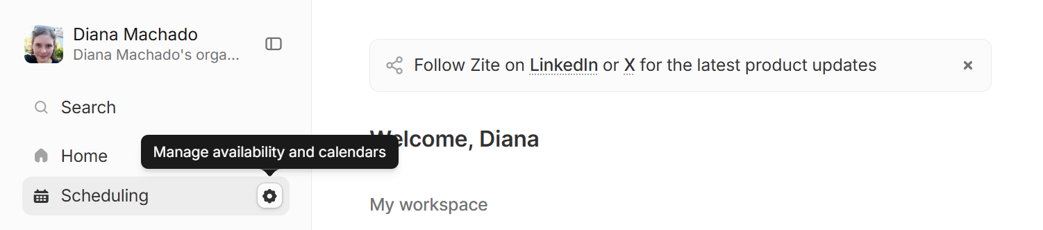 Gear icon next to Scheduling in the sidebar to manage availability and calendars