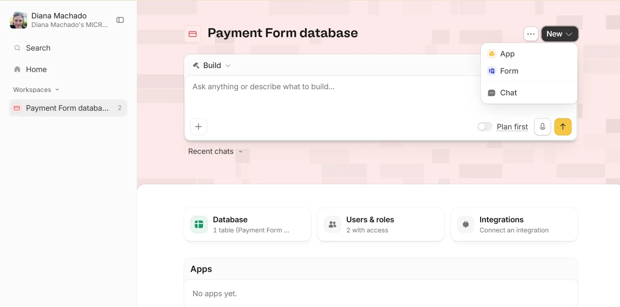Workspace page with the New menu open and Form listed