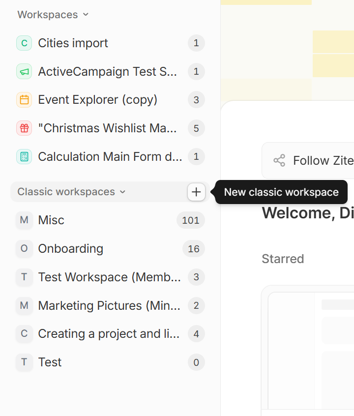 Side menu with Workspaces and Classic workspaces sections, and the New classic workspace button