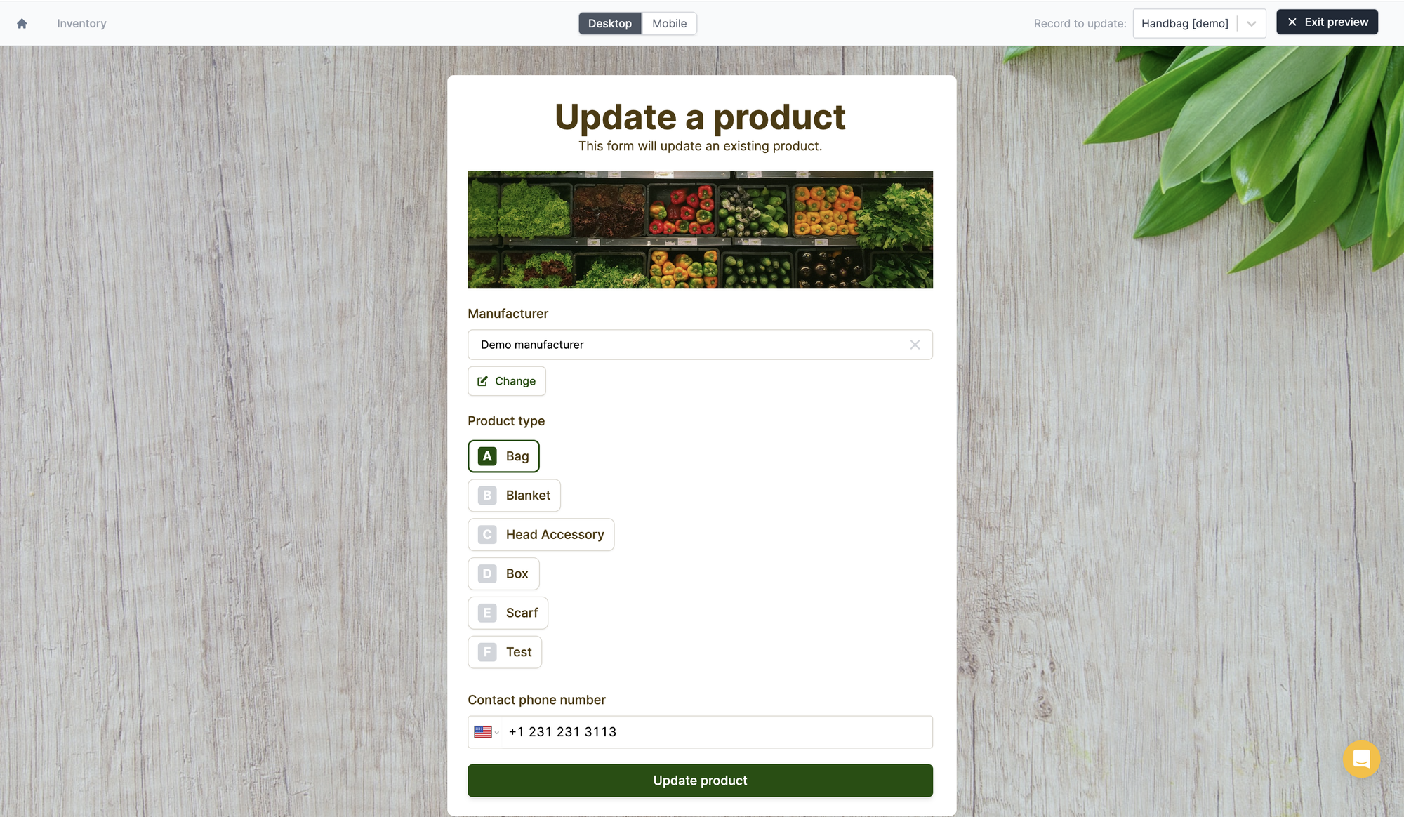 Screenshot of the Integrate tab of a form
