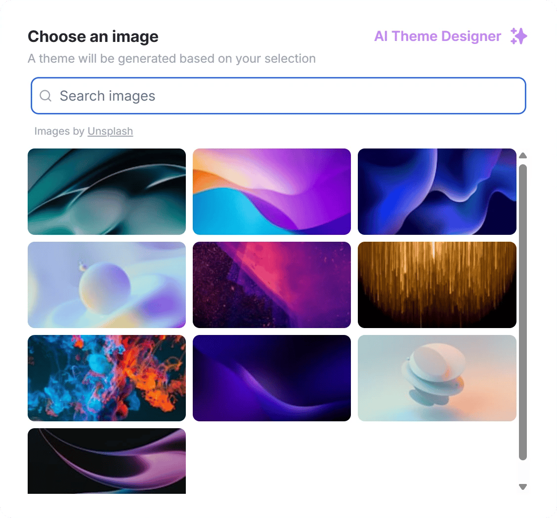 AI Theme Designer dialog with a search box and a grid of images to choose from