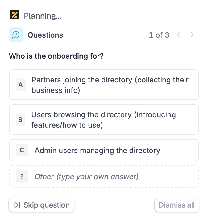Zite asking clarifying multiple-choice questions in Plan mode