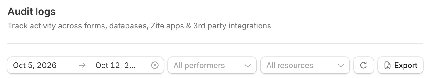 Audit logs page with the Export button next to the filters