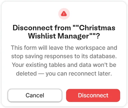 Confirmation dialog asking whether to disconnect the form from its workspace