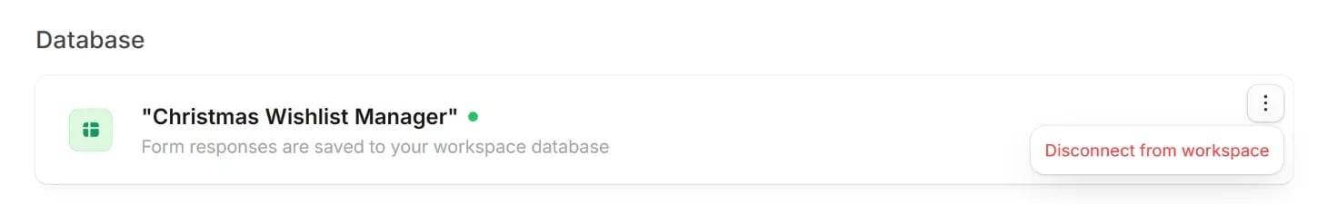 Database card on the Integrate tab with the Disconnect from workspace option