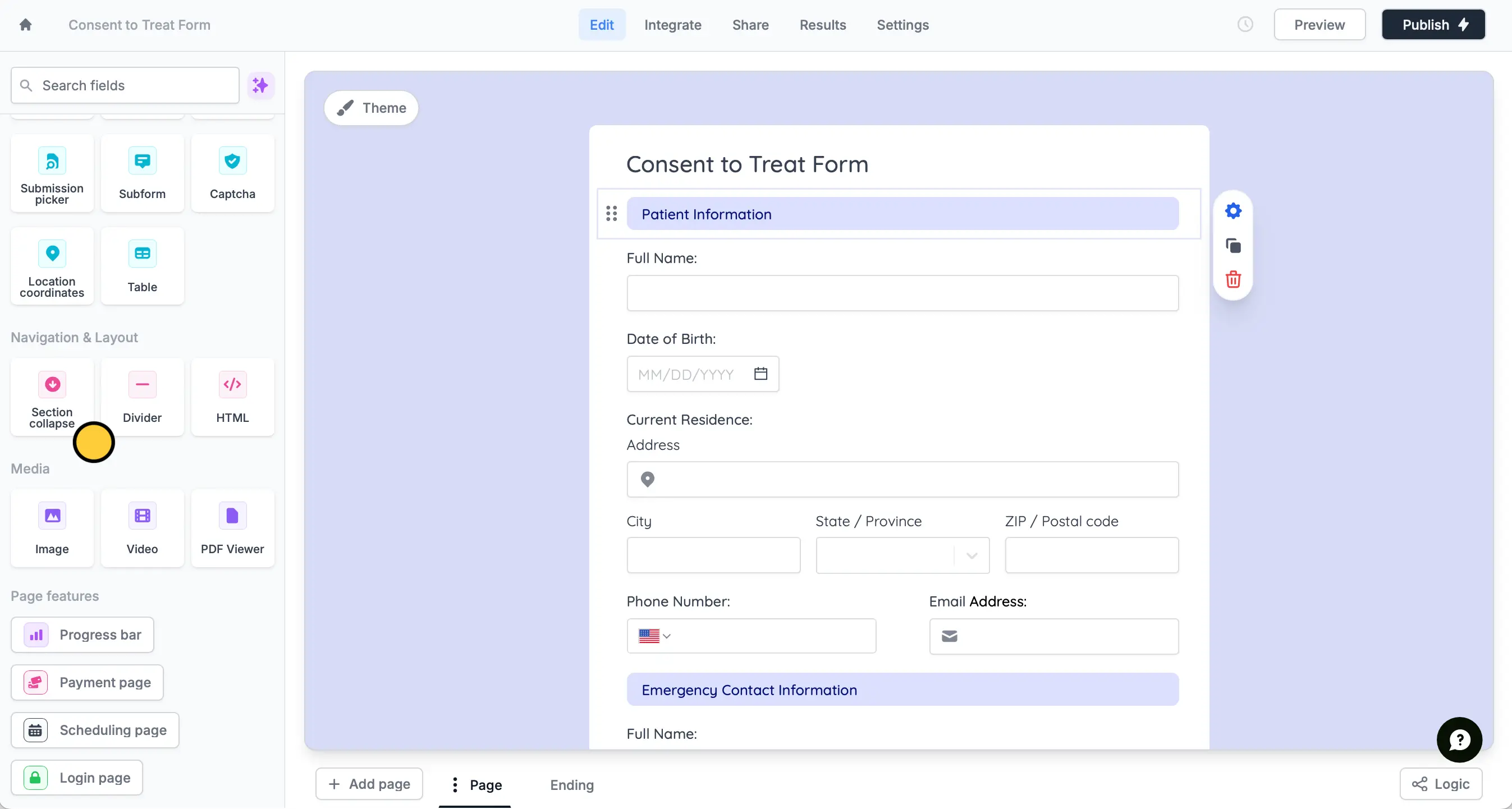 Screenshot of the Form designer tab of a form