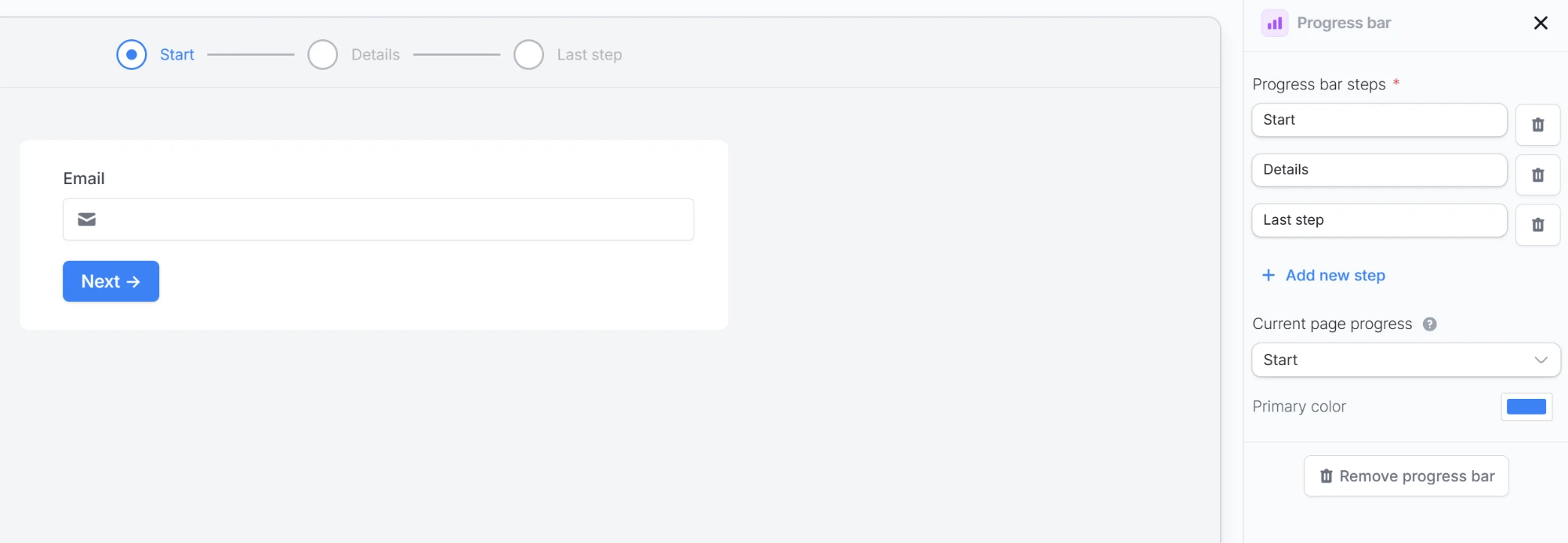 Progress bar settings with Progress bar steps, Add new step, and Current page progress Progress bar settings with Progress bar steps, Add new step, and Current page progress