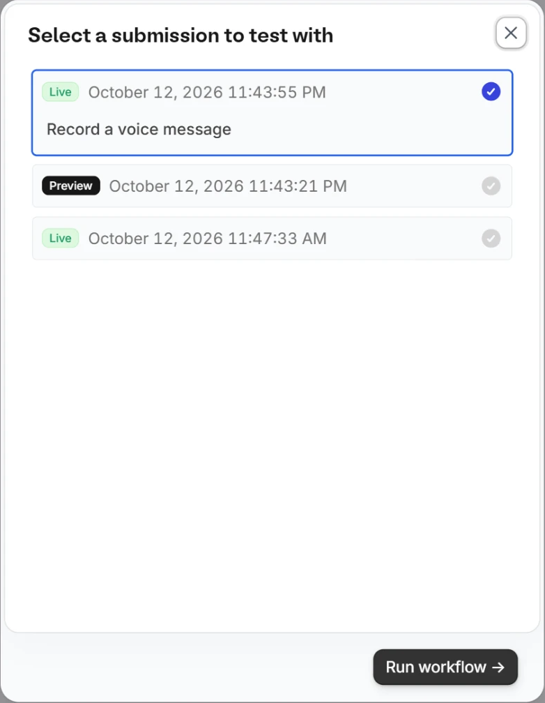 Select a submission to test with popup, listing live and preview submissions, and the Run workflow button