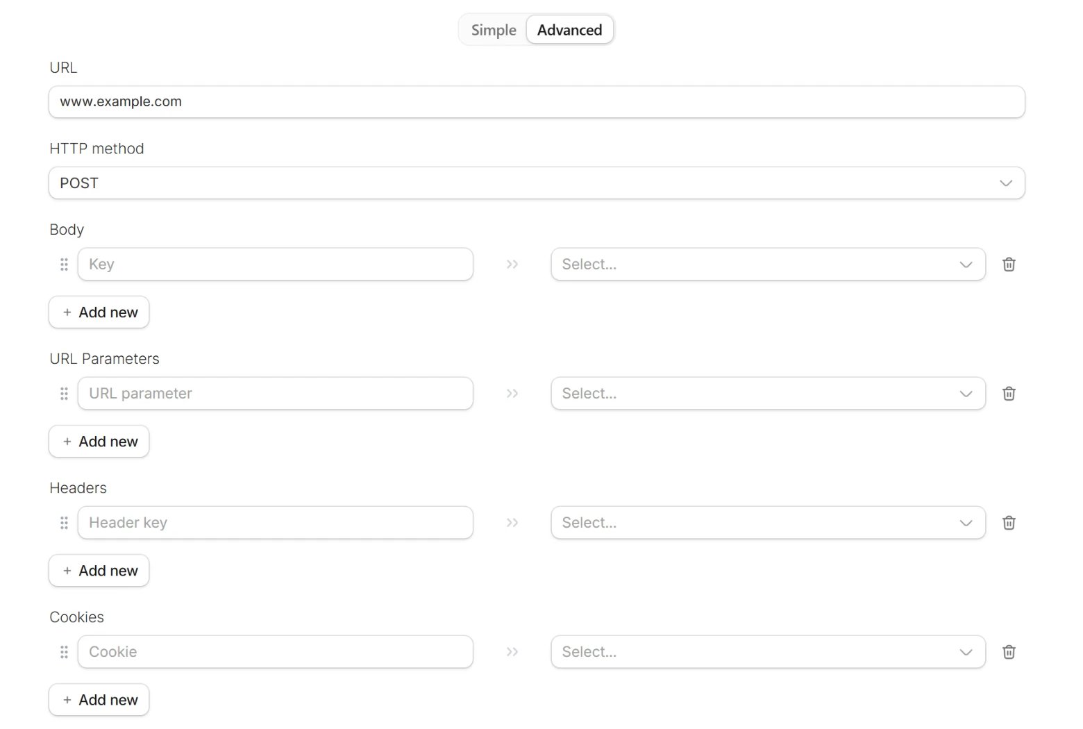 The Advanced options of the Webhook integration, with URL, HTTP method, Body, URL Parameters, Headers and Cookies