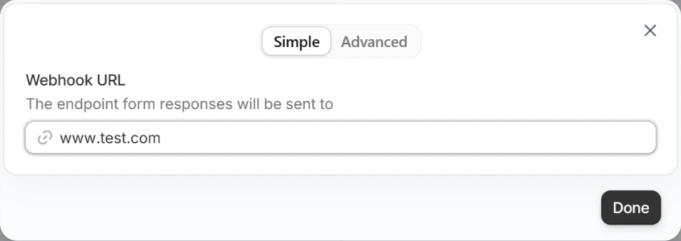 The Send webhook action with the Simple and Advanced toggle and the Webhook URL field