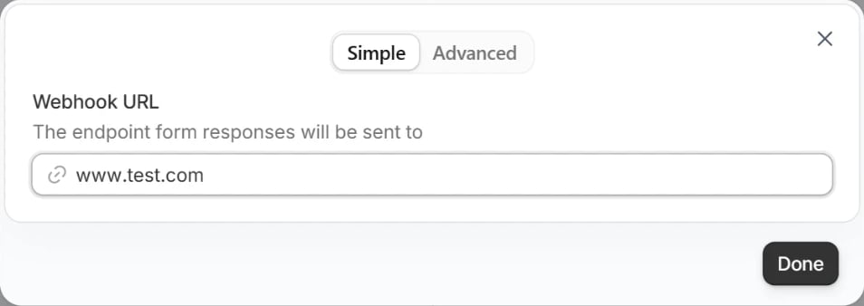 The Send webhook action with the Simple and Advanced toggle and the Webhook URL field