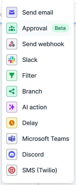 The workflow action menu with Send webhook as one of the options
