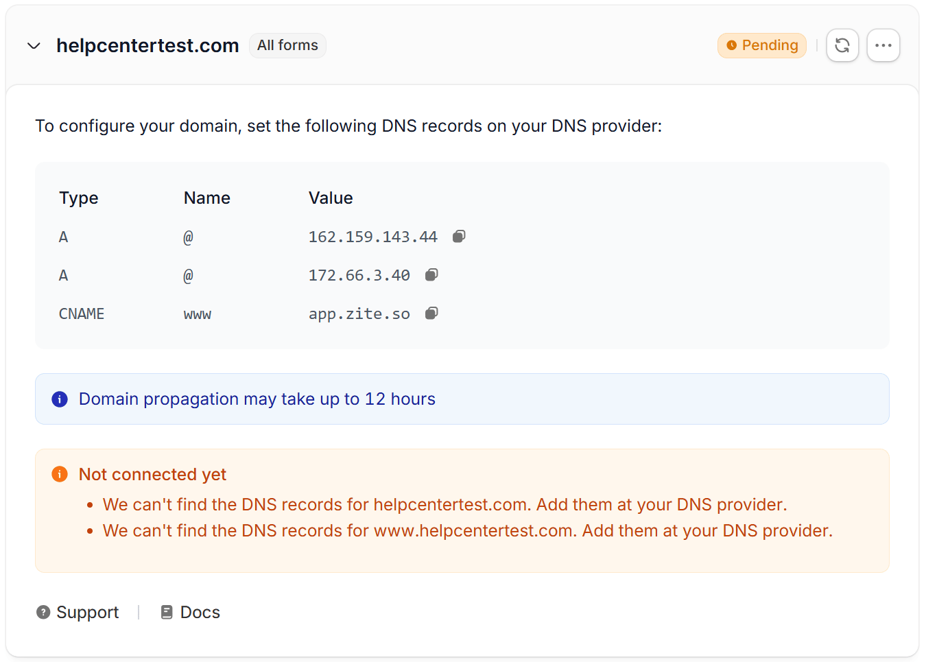 Pending root domain with two A records, a www CNAME record, and Not connected yet Pending root domain with two A records, a www CNAME record, and Not connected yet