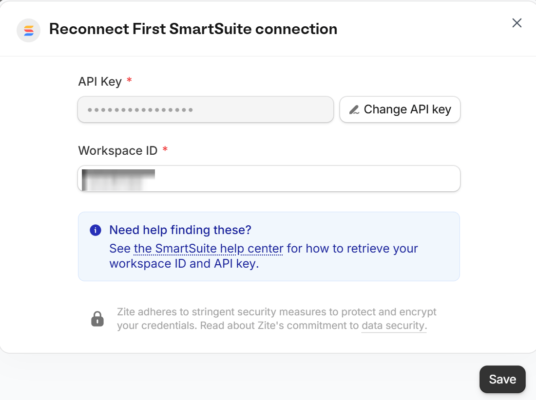 Reconnect popup for a SmartSuite connection, with the saved API key hidden and the Change API key button Reconnect popup for a SmartSuite connection, with the saved API key hidden and the Change API key button