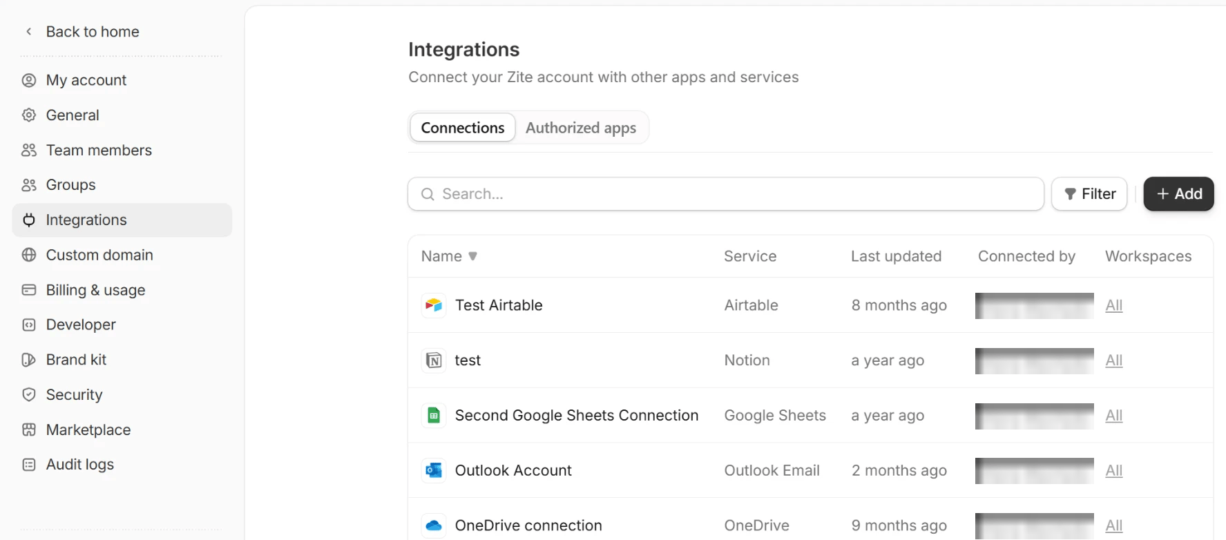 Integrations settings with the Connections list Integrations settings with the Connections list