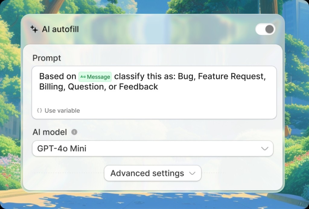 AI autofill configuration in Zite Database showing a prompt, model selection, and advanced settings