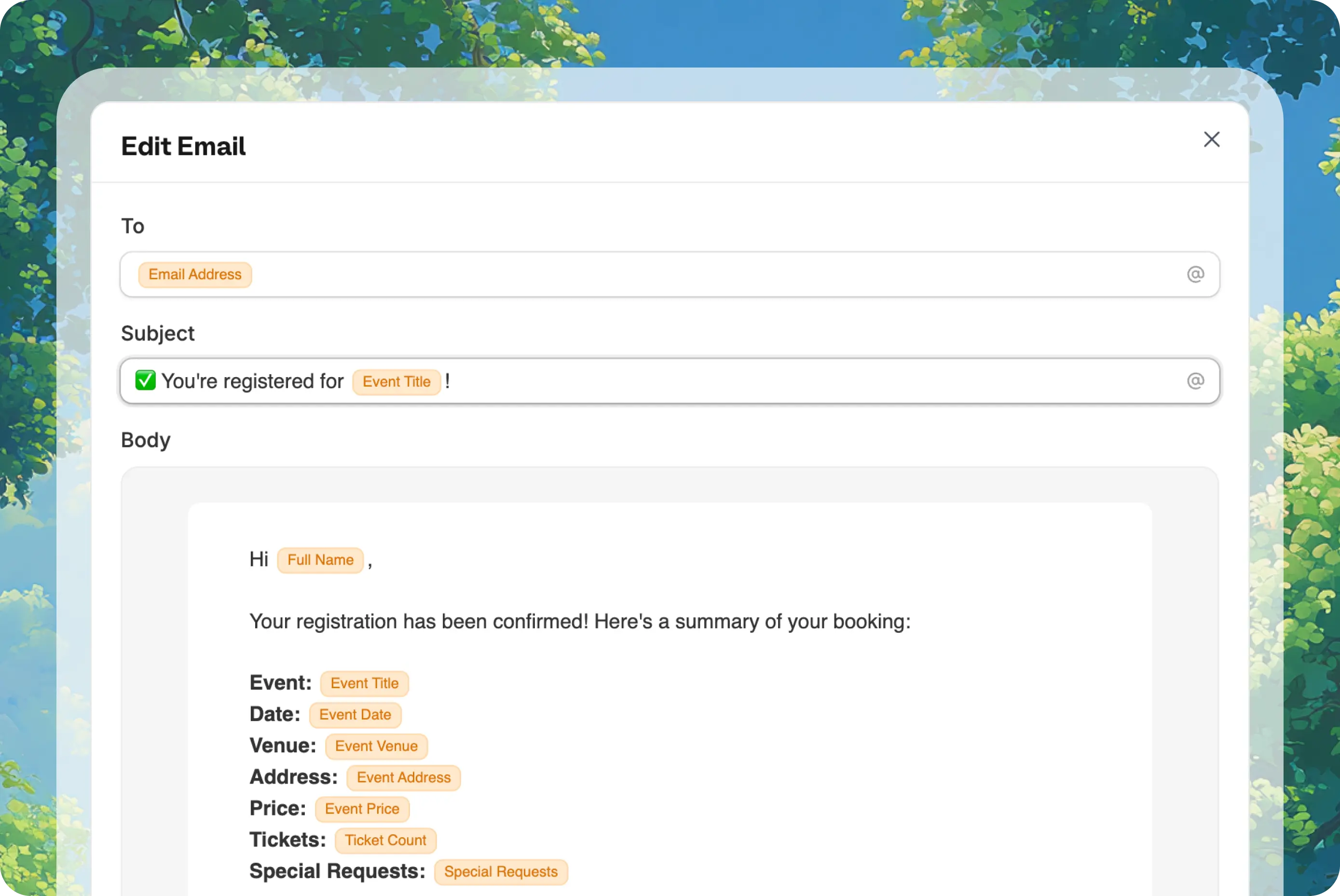 Visual email editor in Zite showing recipient, subject, and dynamic content in the email body