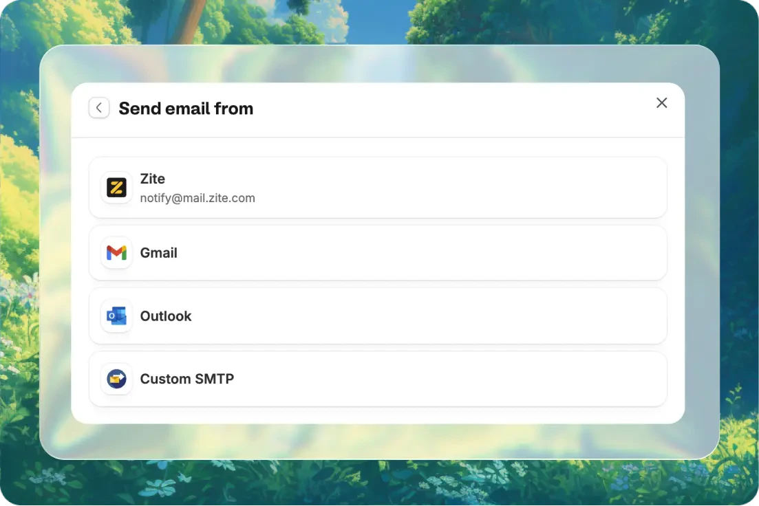 Send email from modal in Zite with built-in sender, Gmail, Outlook, and custom SMTP options